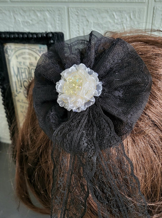 Black Lace Cream Rose & Net Big Hair Rosette Gothic Party Funky Whitby Prom Fascinator Theatre Victorian Wedding Crocodile Clip Handmade H7 - Oh My Gothness