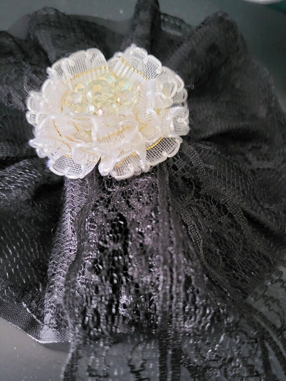 Black Lace Cream Rose & Net Big Hair Rosette Gothic Party Funky Whitby Prom Fascinator Theatre Victorian Wedding Crocodile Clip Handmade H7 - Oh My Gothness