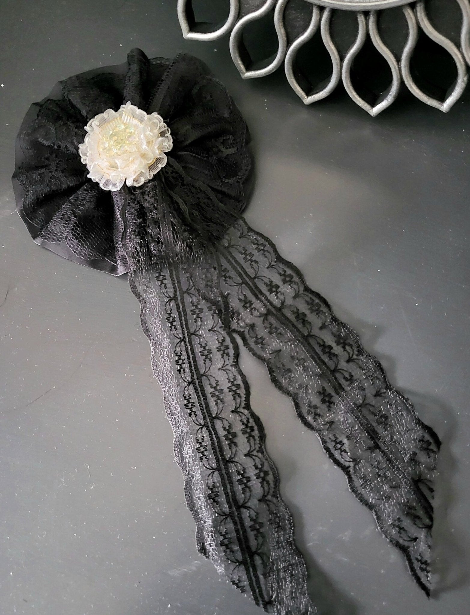 Black Lace Cream Rose & Net Big Hair Rosette Gothic Party Funky Whitby Prom Fascinator Theatre Victorian Wedding Crocodile Clip Handmade H7 - Oh My Gothness