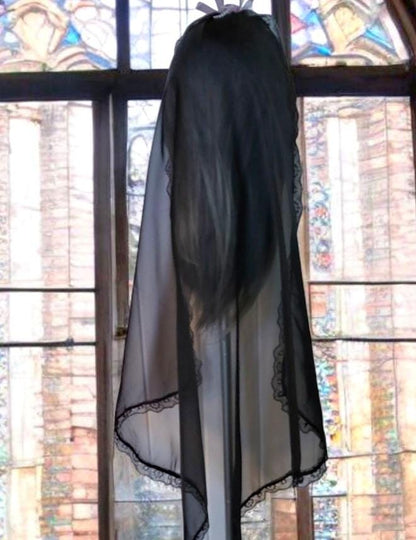 Black Net Lace Veil with Purple Rose, Gothic Wedding Head Cover - Oh My Gothness