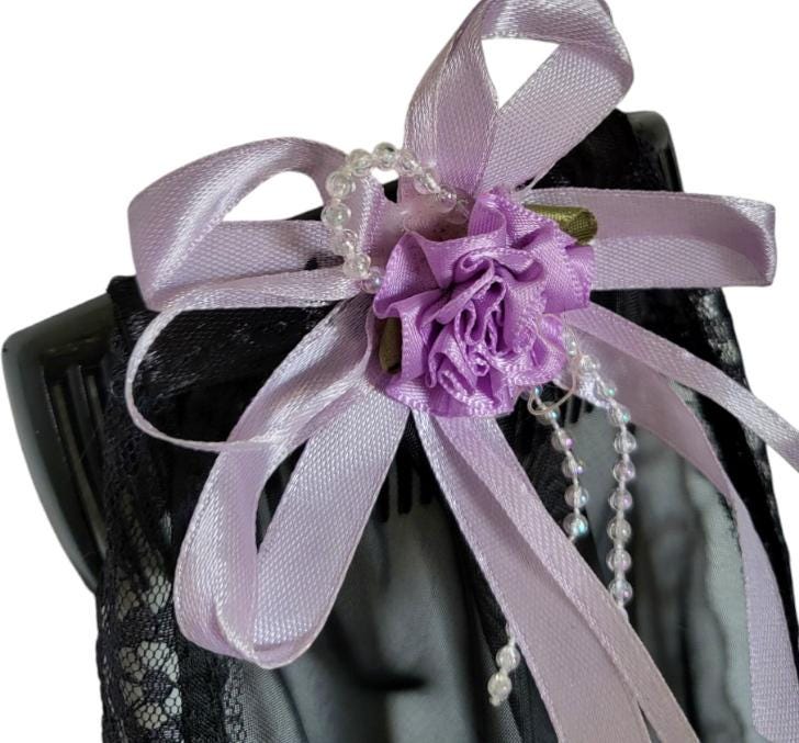 Black Net Lace Veil with Purple Rose, Gothic Wedding Head Cover - Oh My Gothness