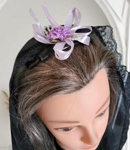 Black Net Lace Veil with Purple Rose, Gothic Wedding Head Cover - Oh My Gothness