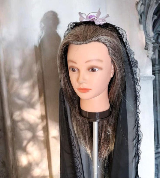 Black Net Lace Veil with Purple Rose, Gothic Wedding Head Cover - Oh My Gothness