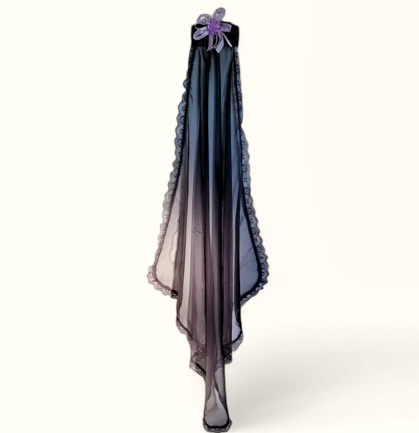 Black Net Lace Veil with Purple Rose, Gothic Wedding Head Cover - Oh My Gothness