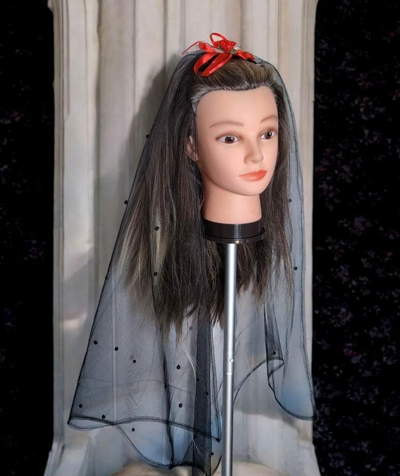 Black Net Lace Veil with Red Rose - Gothic Wedding Head Cover - Oh My Gothness