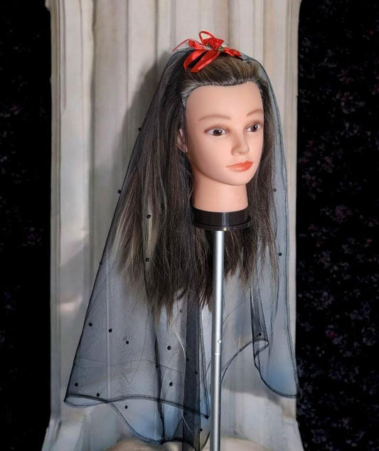 Black Net Lace Veil with Red Rose - Gothic Wedding Head Cover - Oh My Gothness