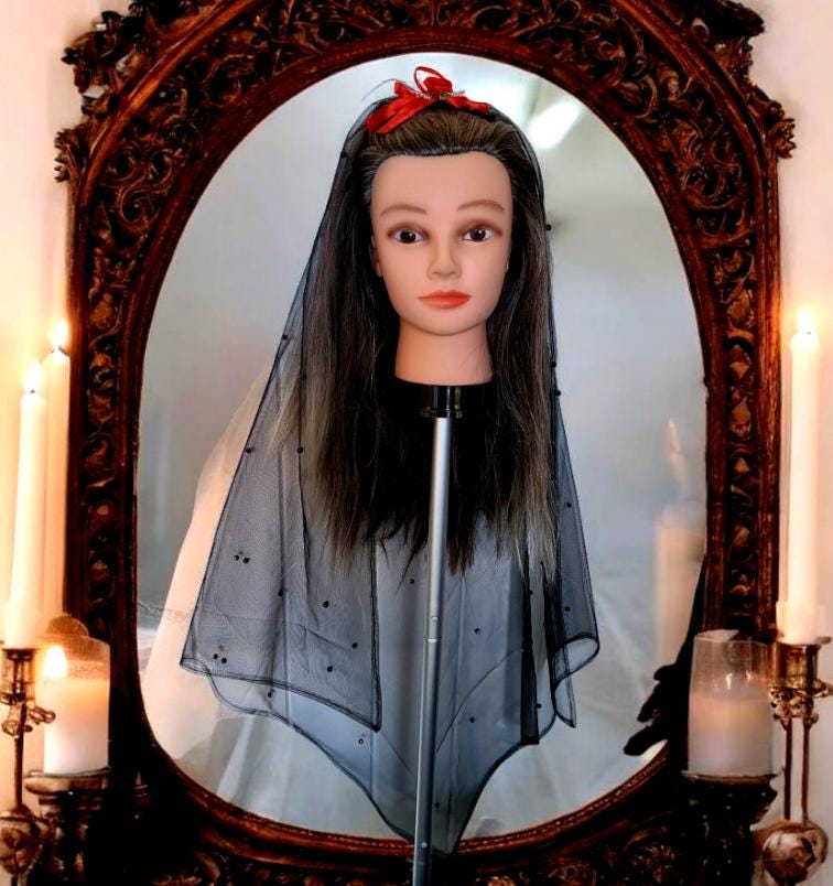 Black Net Lace Veil with Red Rose - Gothic Wedding Head Cover - Oh My Gothness