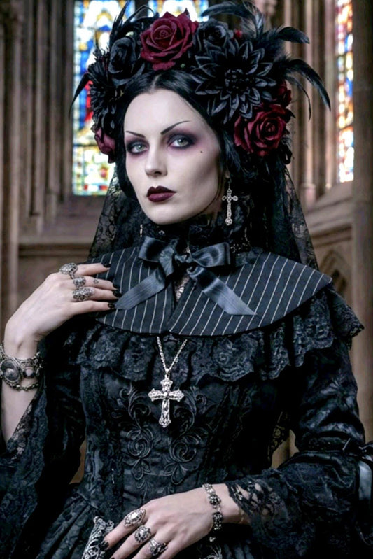 Black Pinstripe Capelet Collar :Victorian Steampunk Costume CP64 - Oh My Gothness
