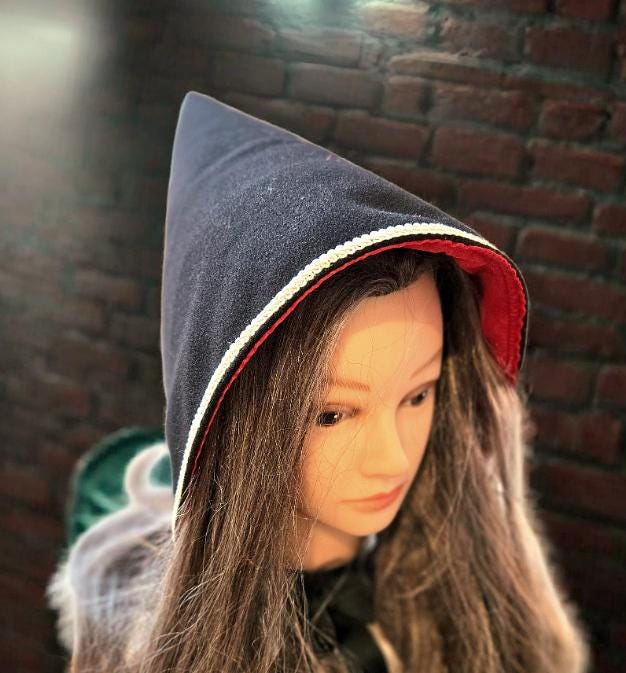 Black Pixie Hat, Red Satin Lined Woodland Bonnet - Oh My Gothness