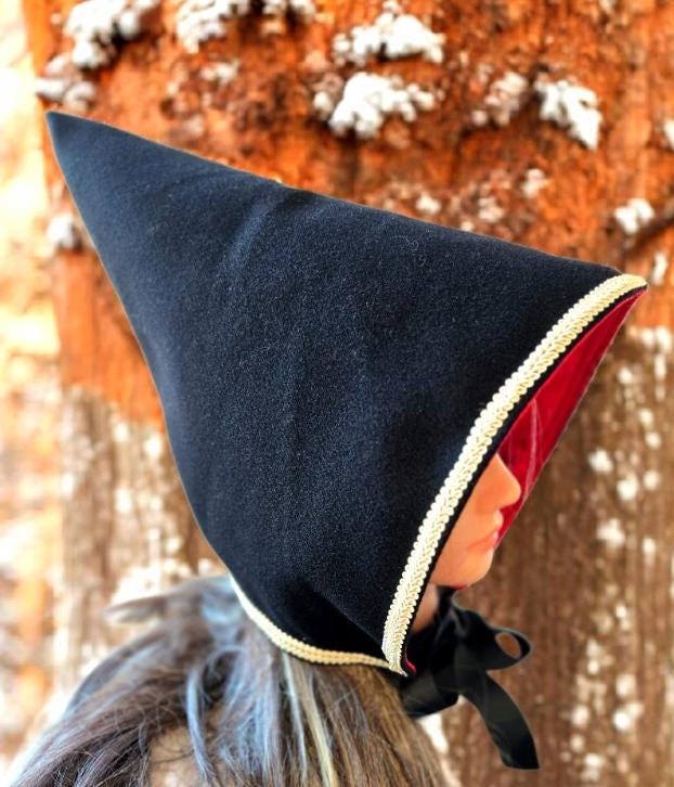 Black Pixie Hat, Red Satin Lined Woodland Bonnet - Oh My Gothness