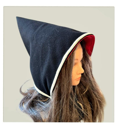 Black Pixie Hat, Red Satin Lined Woodland Bonnet - Oh My Gothness