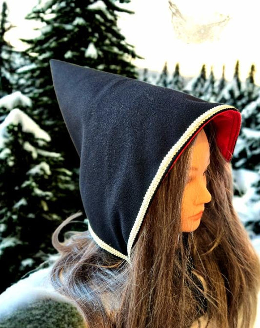 Black Pixie Hat, Red Satin Lined Woodland Bonnet - Oh My Gothness