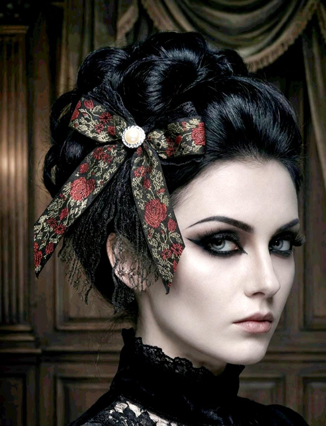 Black Red Roses & Lace Hair Bow With Pearl Button, Clip On - Lolita Gothic Punk Holiday - Oh My Gothness