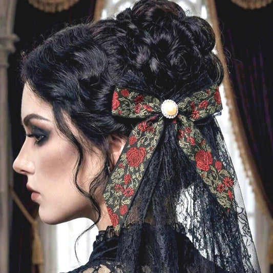 Black Red Roses & Lace Hair Bow With Pearl Button, Clip On - Lolita Gothic Punk Holiday - Oh My Gothness