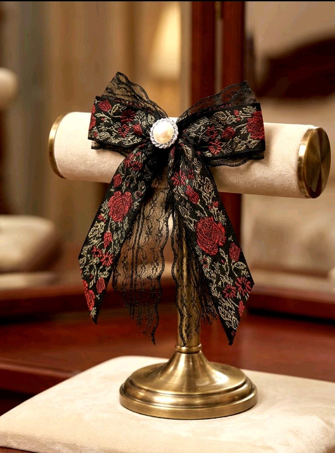 Black Red Roses & Lace Hair Bow With Pearl Button, Clip On - Lolita Gothic Punk Holiday - Oh My Gothness