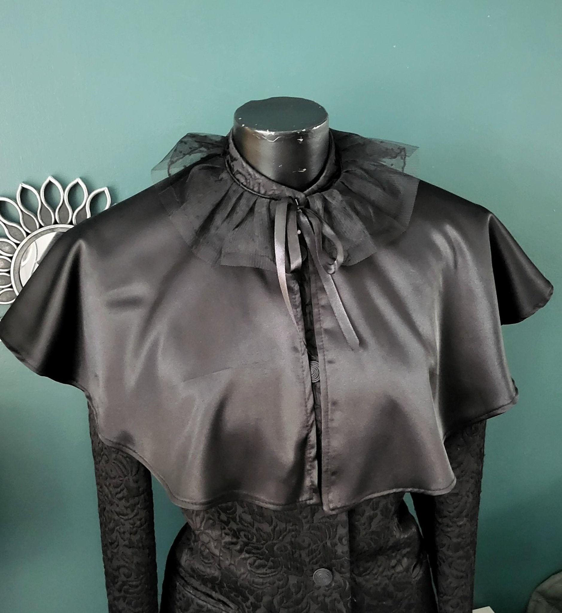 Black Satin Cape with Lace Collar - Victorian Steampunk Costume - Oh My Gothness