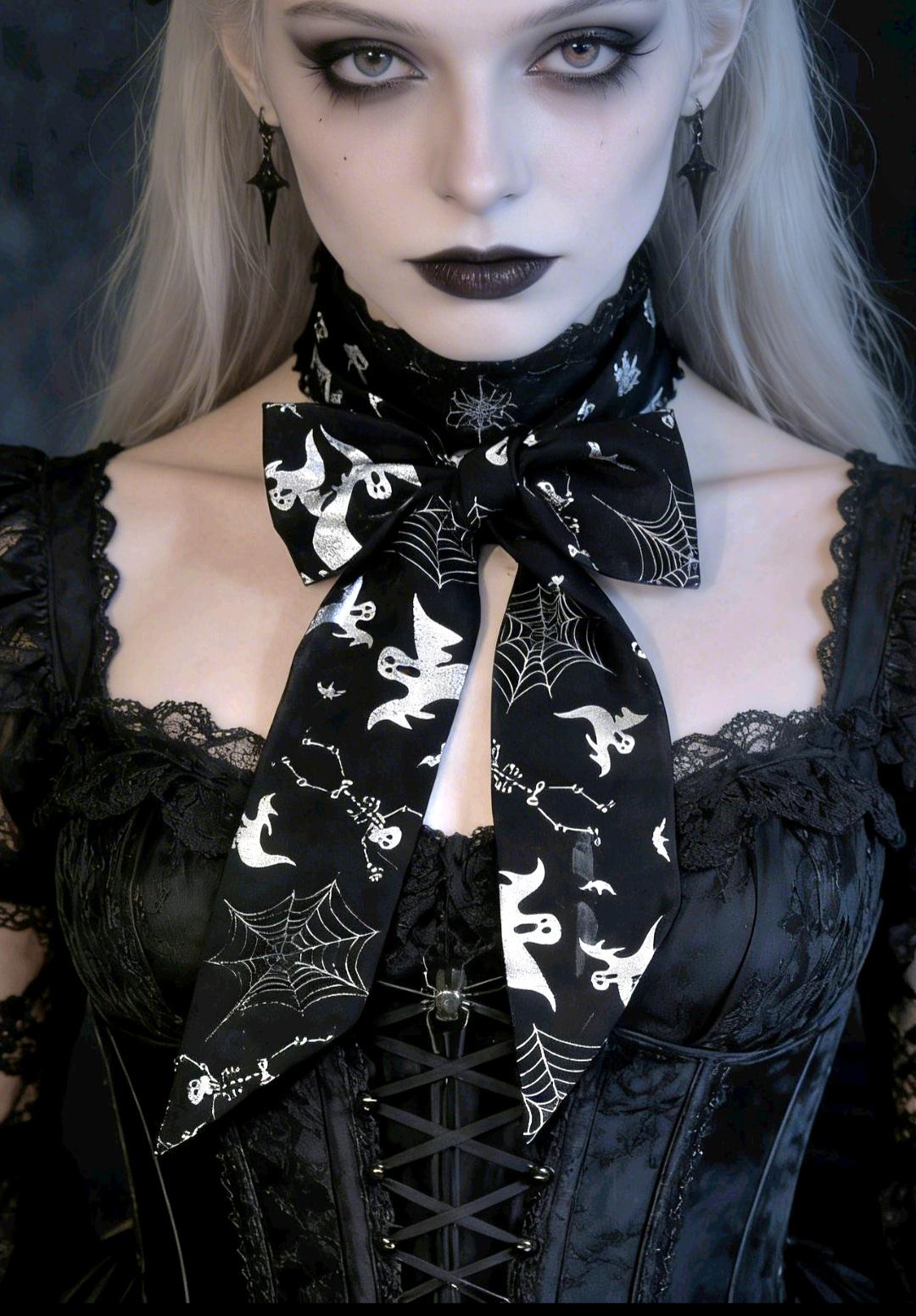Black & Silver Chiffon Cravat Bow Tie - Steampunk, Ghosts Spiders, Gothic, Halloween - Oh My Gothness