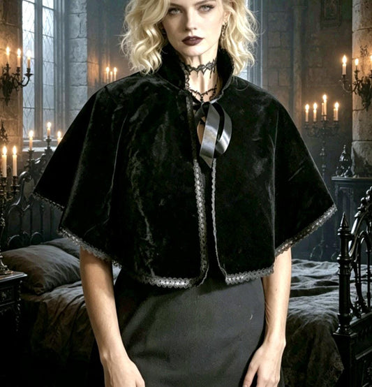 Black Velvet Cape With Lace Edging - Victorian Steampunk Gothic Costume Whitby - Oh My Gothness