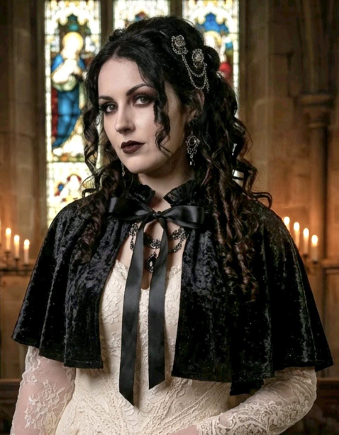 Black Velvet Capelet, Black Lace Trim - Victorian Steampunk Costume CP61 - Oh My Gothness