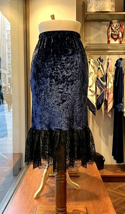 Black Velvet & Lace Long Swing Skirt - Gothic Witch Theatre Size10 - 14 (UK) - Oh My Gothness