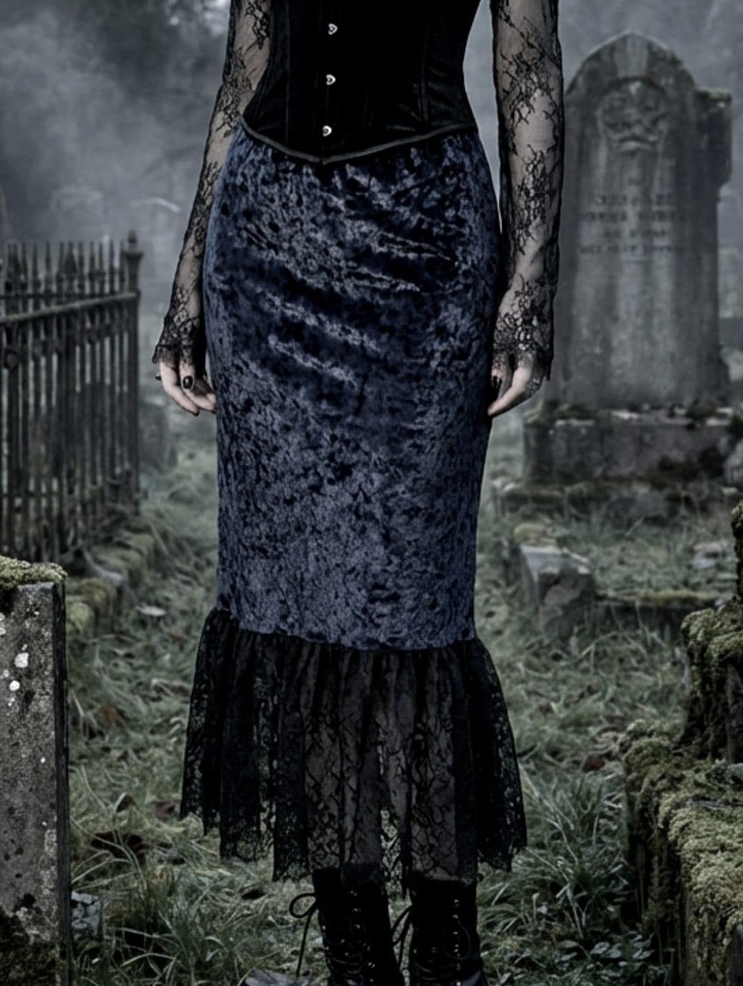 Black Velvet & Lace Long Swing Skirt - Gothic Witch Theatre Size10 - 14 (UK) - Oh My Gothness