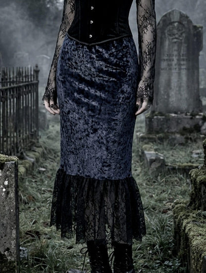 Black Velvet & Lace Long Swing Skirt - Gothic Witch Theatre Size10 - 14 (UK) - Oh My Gothness