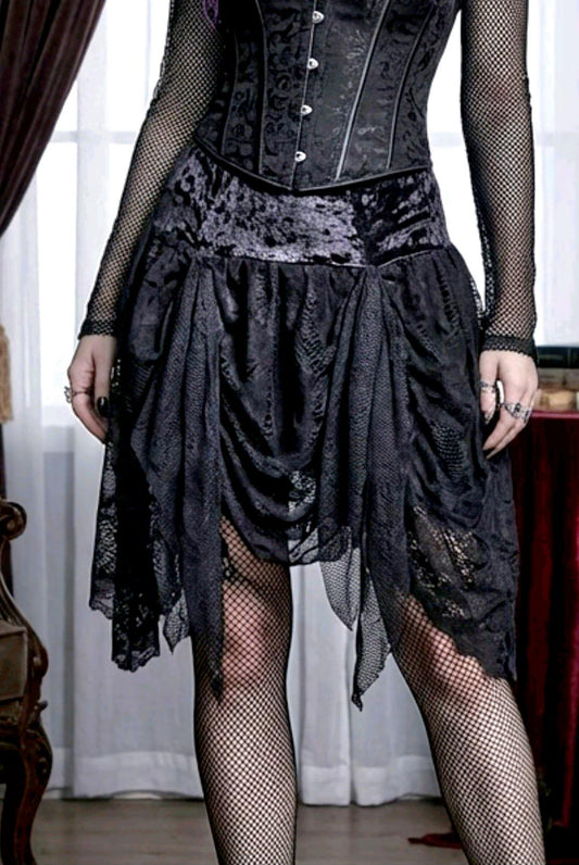 Black Velvet & Lace Ruched Skirt - Gothic Witch Punk Emo Size 8 - 12 (UK) - Oh My Gothness