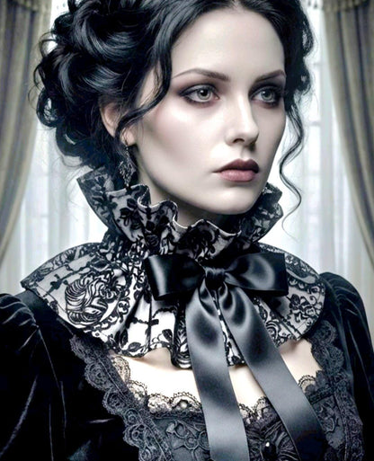 Black Velvet Overlay Frilled Neck Ruff Collar - Steampunk Gothic Costume CK13 - Oh My Gothness