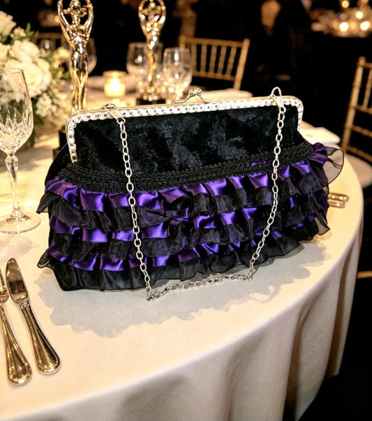 Black Velvet & Purple Lace Gothic Evening Bag Clutch Chain Handle Party Whitby - Oh My Gothness