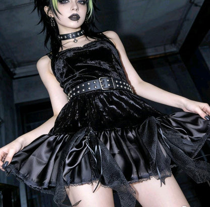 Black Velvet Satin & Lace Frilled Gothic Skirt - Lolita Emo Kei, Size 6 - 10 (UK) - Oh My Gothness