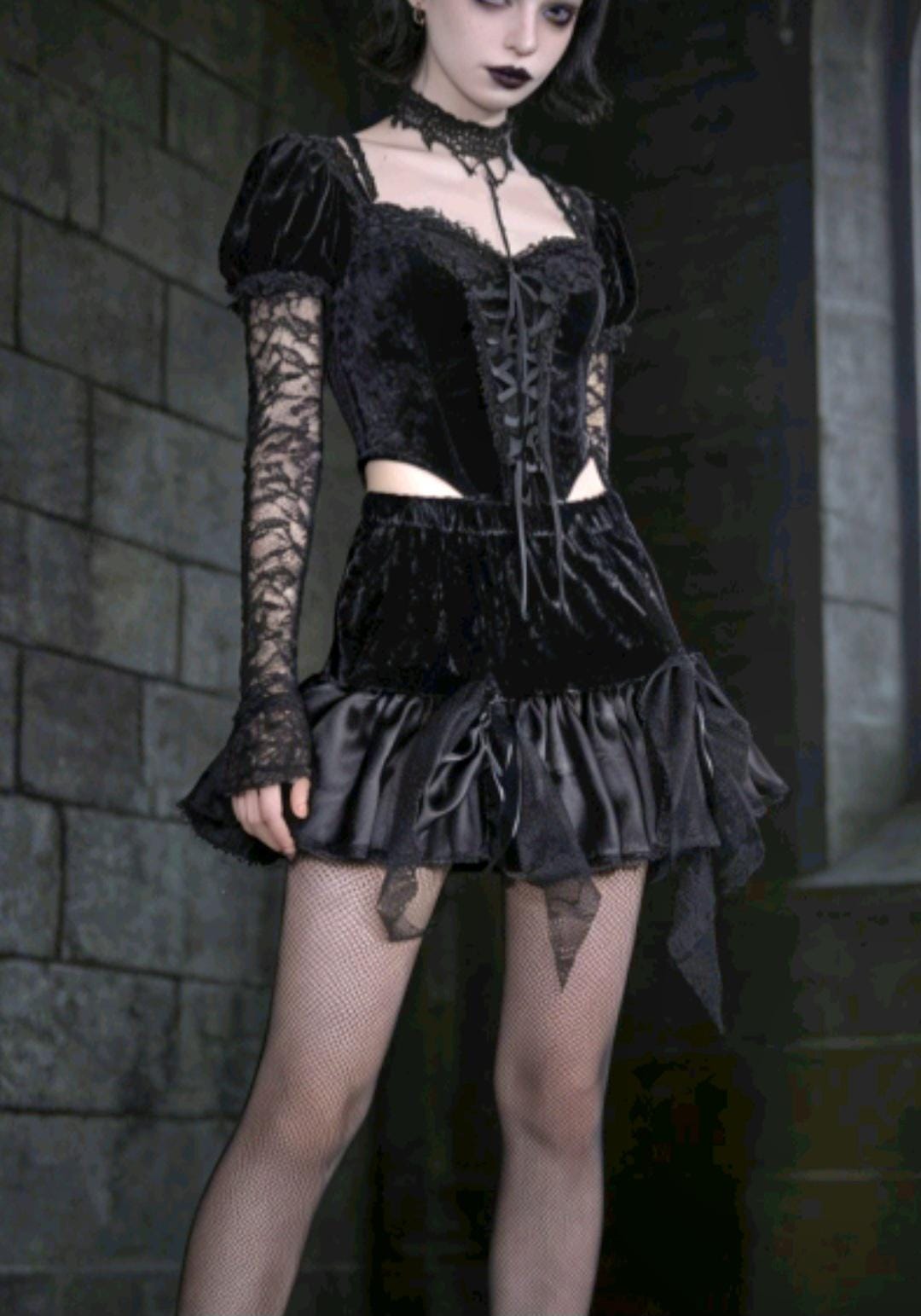 Black Velvet Satin & Lace Frilled Gothic Skirt - Lolita Emo Kei, Size 6 - 10 (UK) - Oh My Gothness