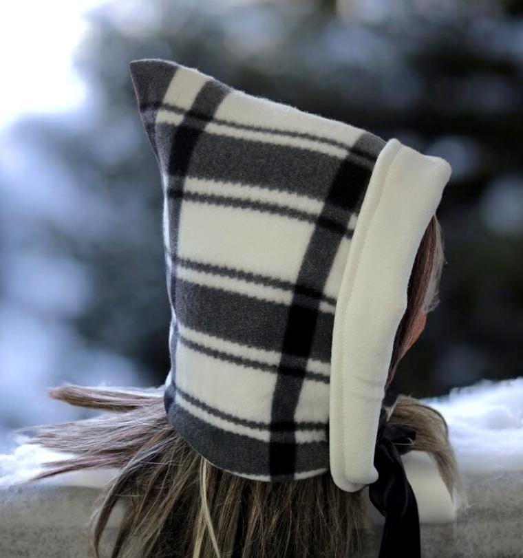 Black White Check Fleece Woodland Pixie Hat Bonnet Hood Lined Whimsical Fairy Adult Winter HT67 - Oh My Gothness