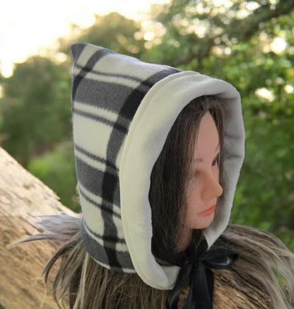 Black White Check Fleece Woodland Pixie Hat Bonnet Hood Lined Whimsical Fairy Adult Winter HT67 - Oh My Gothness