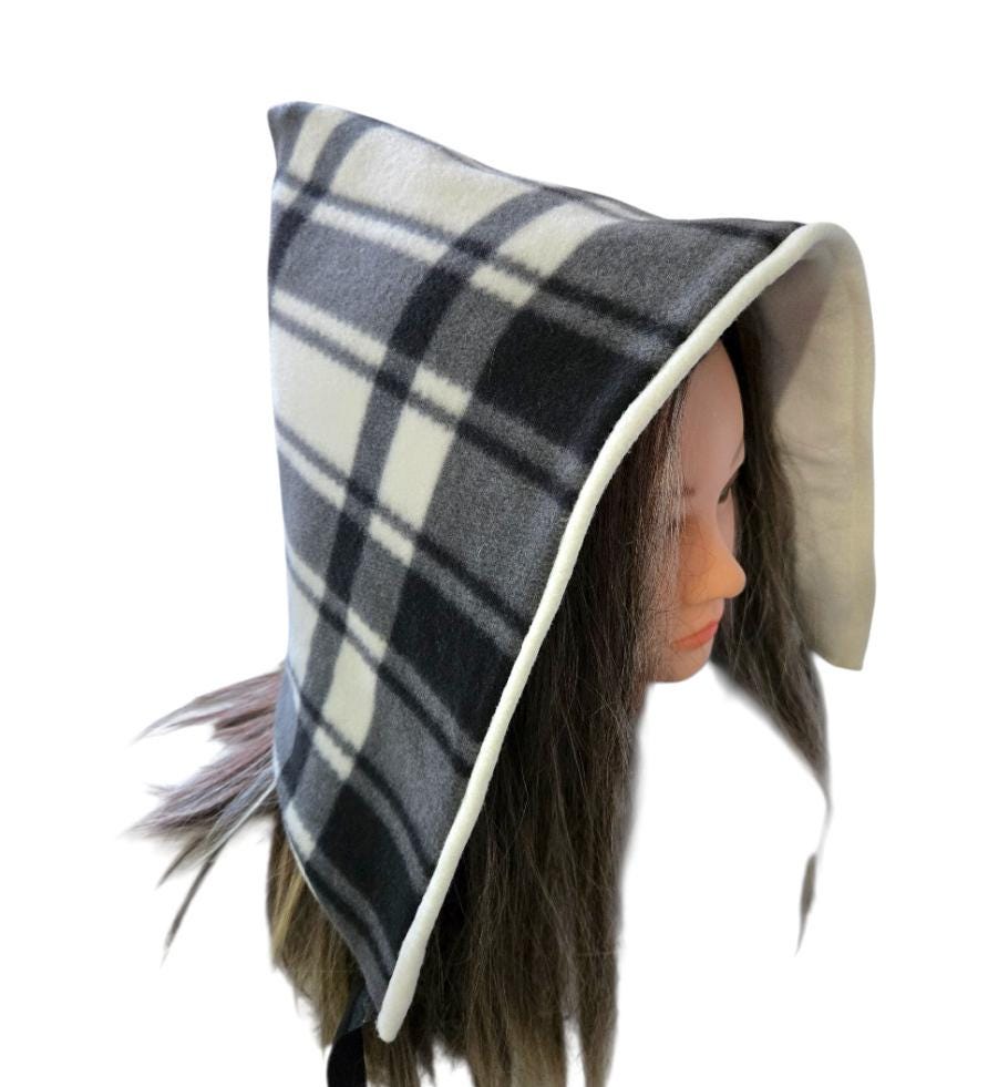 Black White Check Fleece Woodland Pixie Hat Bonnet Hood Lined Whimsical Fairy Adult Winter HT67 - Oh My Gothness