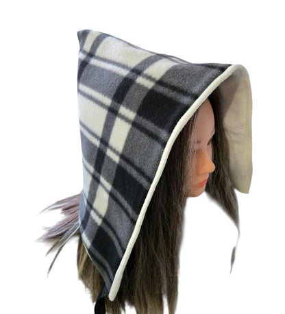 Black White Check Fleece Woodland Pixie Hat Bonnet Hood Lined Whimsical Fairy Adult Winter HT67 - Oh My Gothness