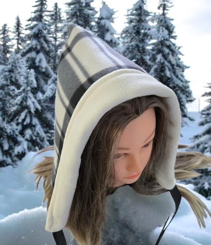 Black White Check Fleece Woodland Pixie Hat Bonnet Hood Lined Whimsical Fairy Adult Winter HT67 - Oh My Gothness