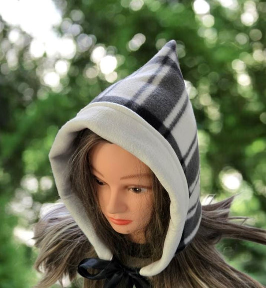 Black White Check Fleece Woodland Pixie Hat Bonnet Hood Lined Whimsical Fairy Adult Winter HT67 - Oh My Gothness