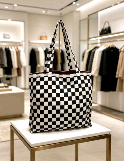 Black White Checkerboard Tote Bag with Red Lining, Shopper, Hoiday, Festival - Oh My Gothness