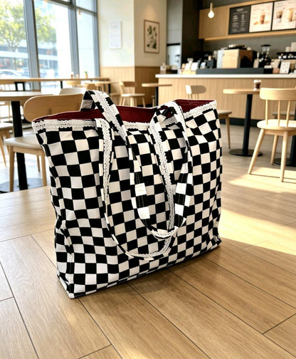 Black White Checkerboard Tote Bag with Red Lining, Shopper, Hoiday, Festival - Oh My Gothness