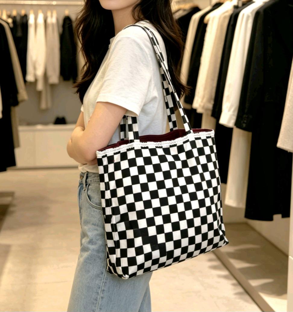Black White Checkerboard Tote Bag with Red Lining, Shopper, Hoiday, Festival - Oh My Gothness