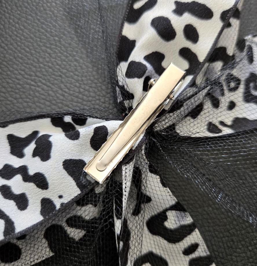 Black White Leopard Big Hair Bow Clip With Red Dog Detail - Lolita Gothic Punk Holiday - Oh My Gothness