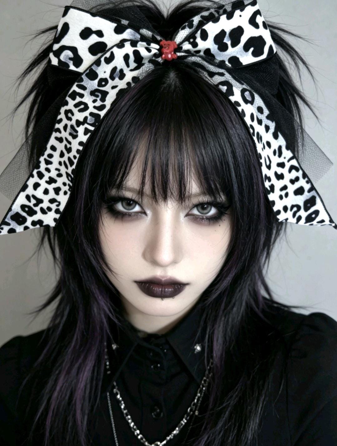 Black White Leopard Big Hair Bow Clip With Red Dog Detail - Lolita Gothic Punk Holiday - Oh My Gothness