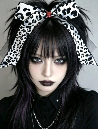 Black White Leopard Big Hair Bow Clip With Red Dog Detail - Lolita Gothic Punk Holiday - Oh My Gothness