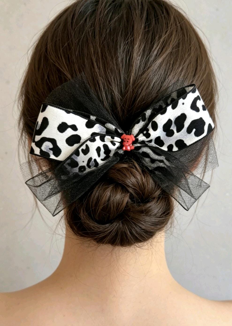 Black White Leopard Big Hair Bow Clip With Red Dog Detail - Lolita Gothic Punk Holiday - Oh My Gothness