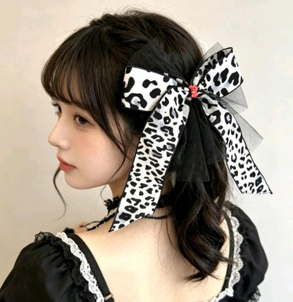 Black White Leopard Big Hair Bow Clip With Red Dog Detail - Lolita Gothic Punk Holiday - Oh My Gothness