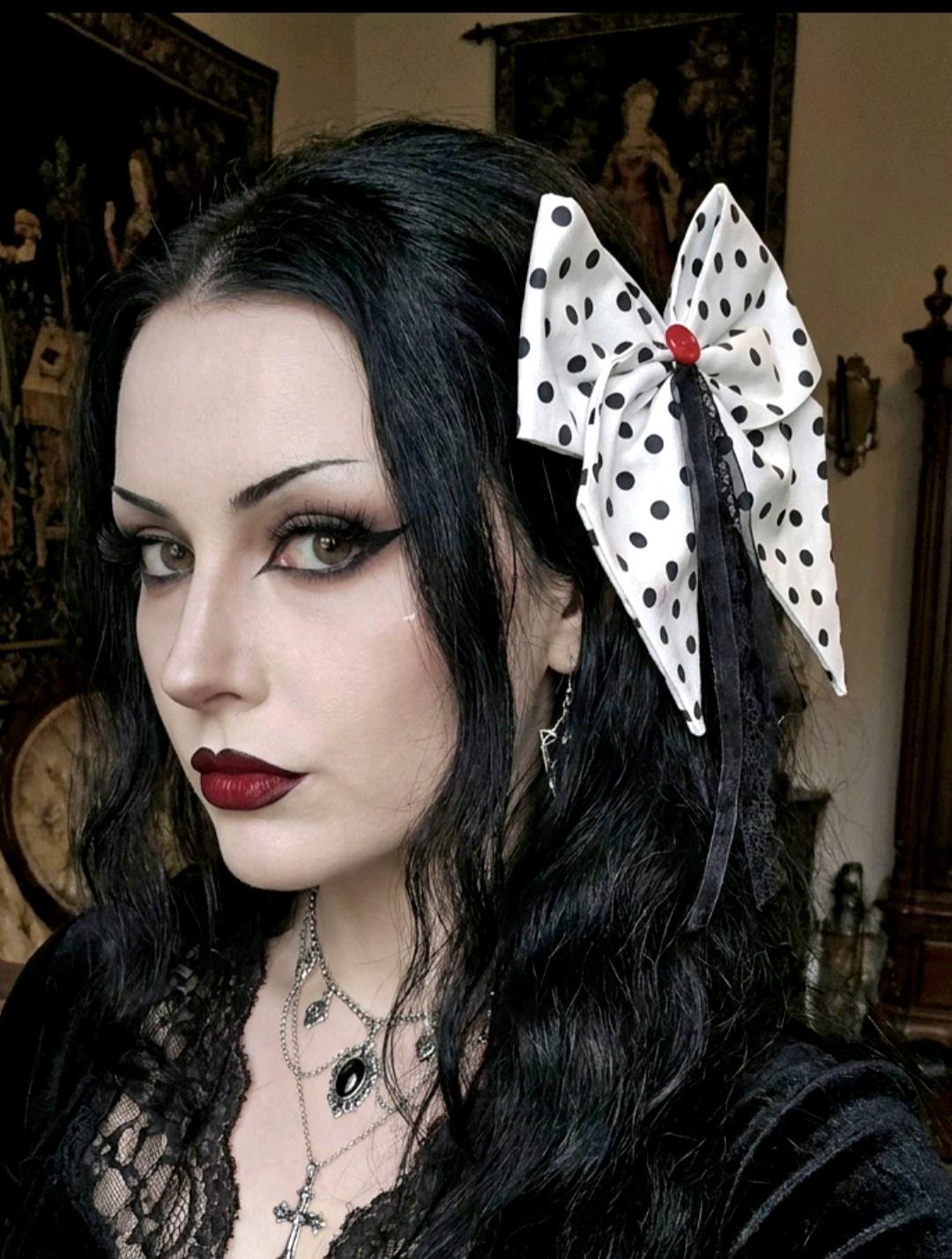 Black White Polka Dot Red Button & Lace Hair Bow, Clip On - Lolita Gothic - Oh My Gothness