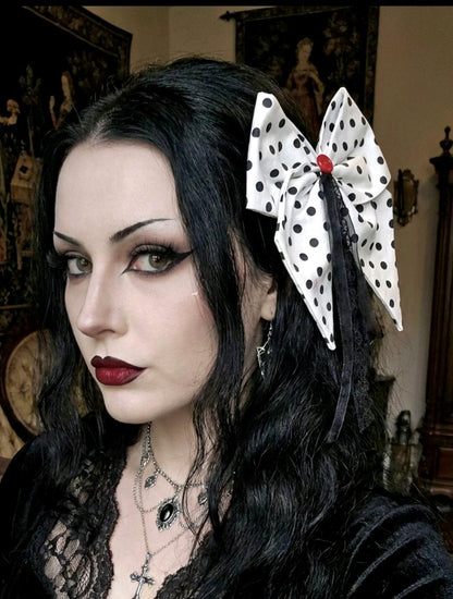 Black White Polka Dot Red Button & Lace Hair Bow, Clip On - Lolita Gothic - Oh My Gothness