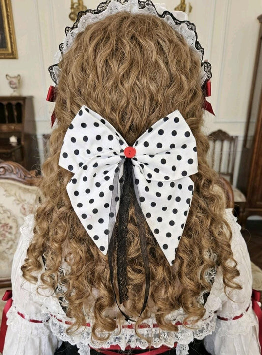 Black White Polka Dot Red Button & Lace Hair Bow, Clip On - Lolita Gothic - Oh My Gothness