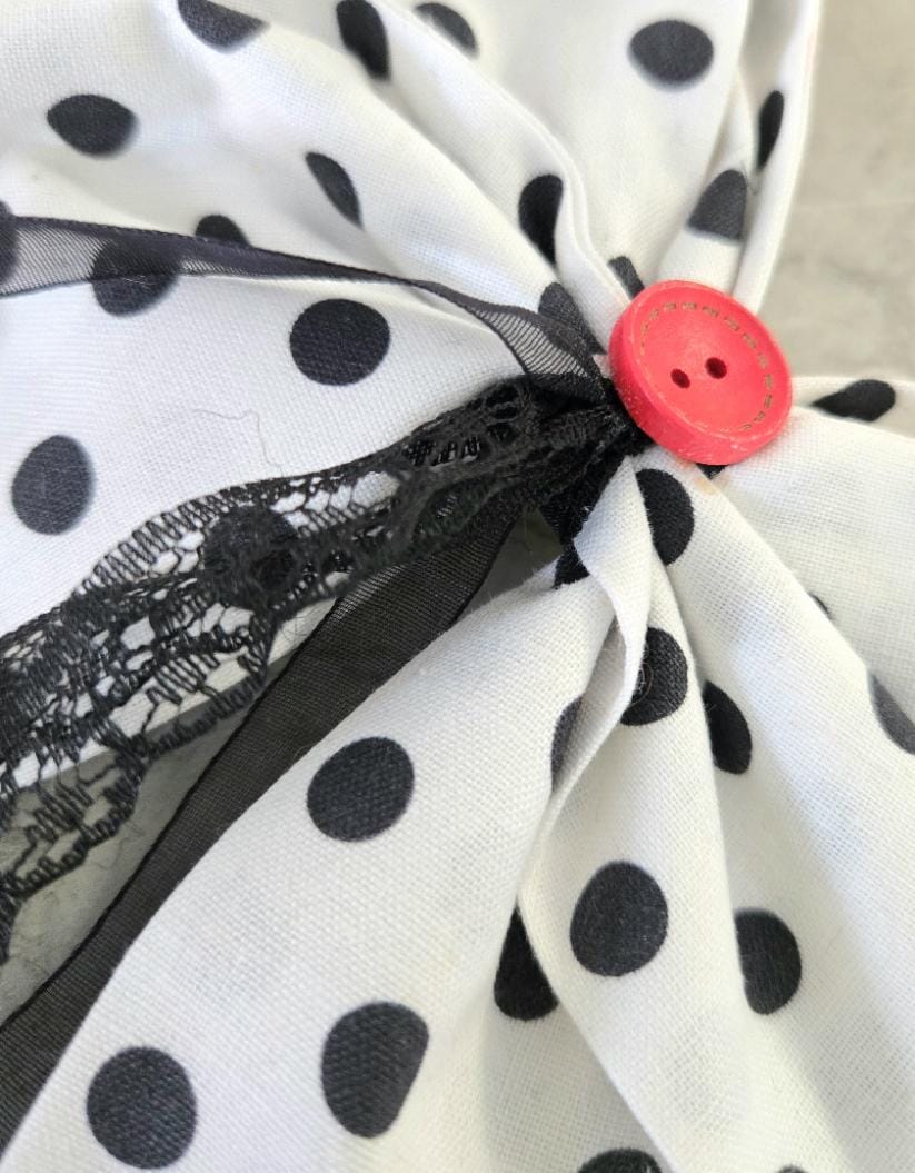 Black White Polka Dot Red Button & Lace Hair Bow, Clip On - Lolita Gothic - Oh My Gothness