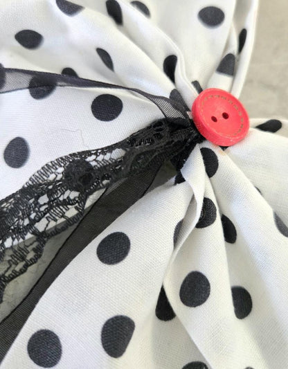 Black White Polka Dot Red Button & Lace Hair Bow, Clip On - Lolita Gothic - Oh My Gothness